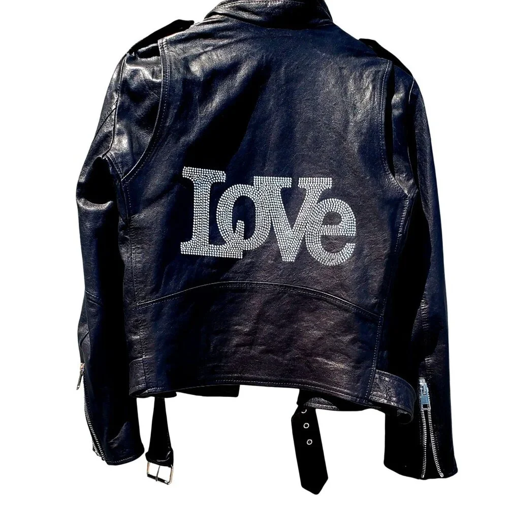 Hipchik Couture Rhinestone Crystal Love Black Lambskin Leather Jacket S M Moto - Picture 1 of 12